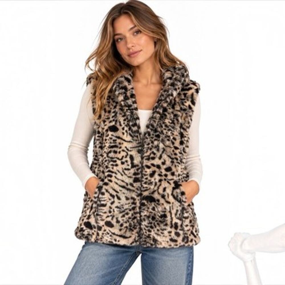 Kristen Blake Womens Y2K Leopard Print Faux Fur Hooded Zip Up Vest Size Large